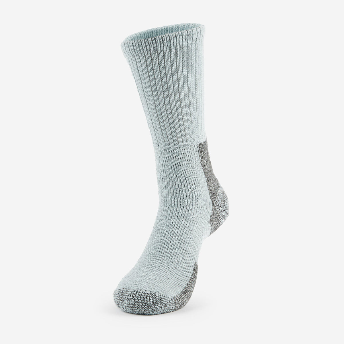Thorlos men's hiking crew sock in light grey-mint with reinforced grey cushioning zones