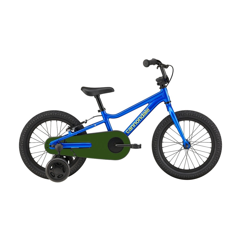 Cannondale Kids Trail Single-Speed bike in Sonic Blue with training wheels, side view