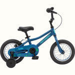 Retrospec Koda 12-inch kids bike in blue with green graphics and training wheels