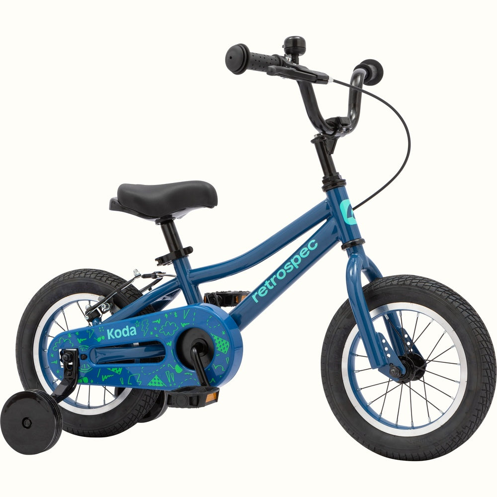 Retrospec Koda 12-inch kids bike in blue bolt with training wheels and neon green graphics