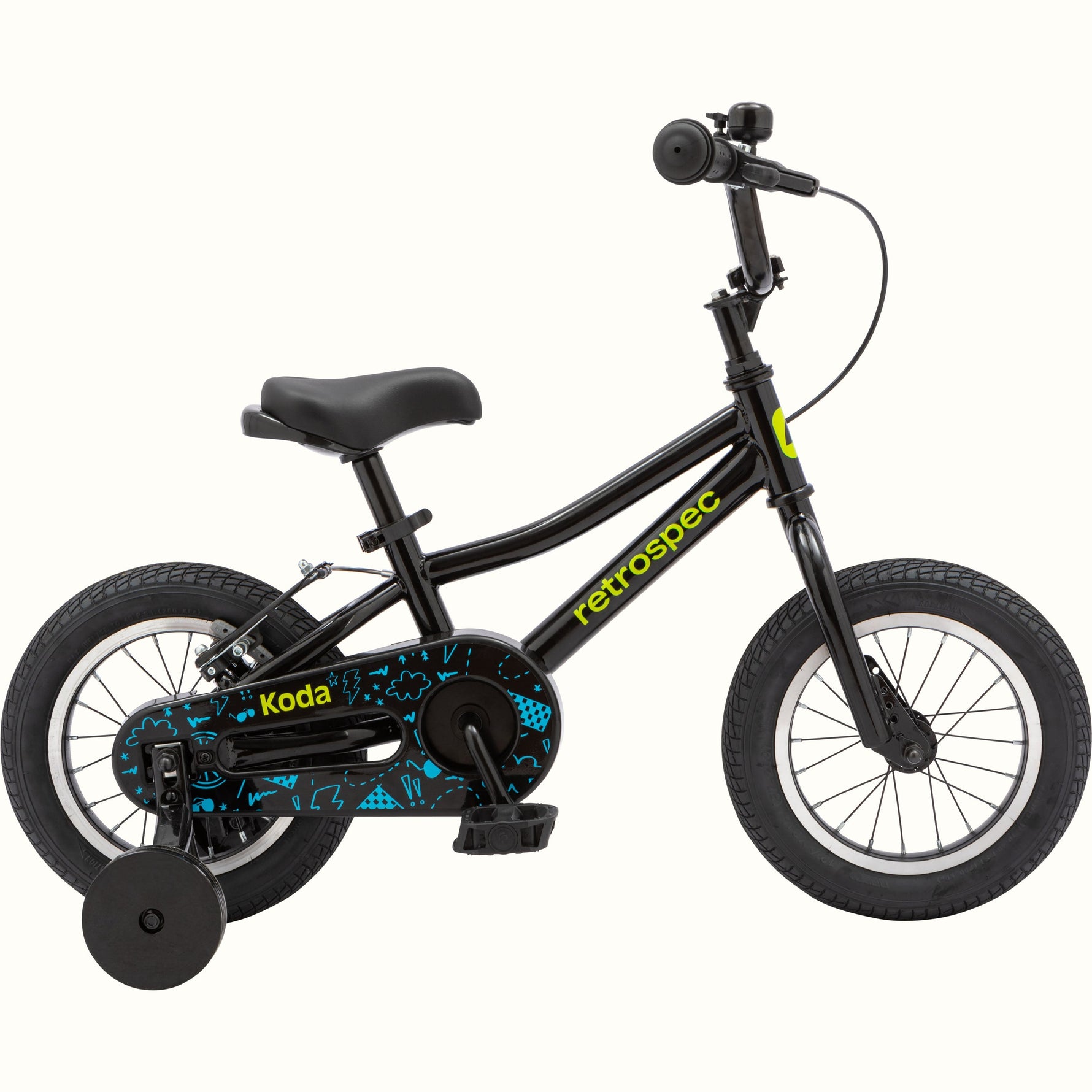 Retrospec Koda 12-inch black kids bike with training wheels and neon accents