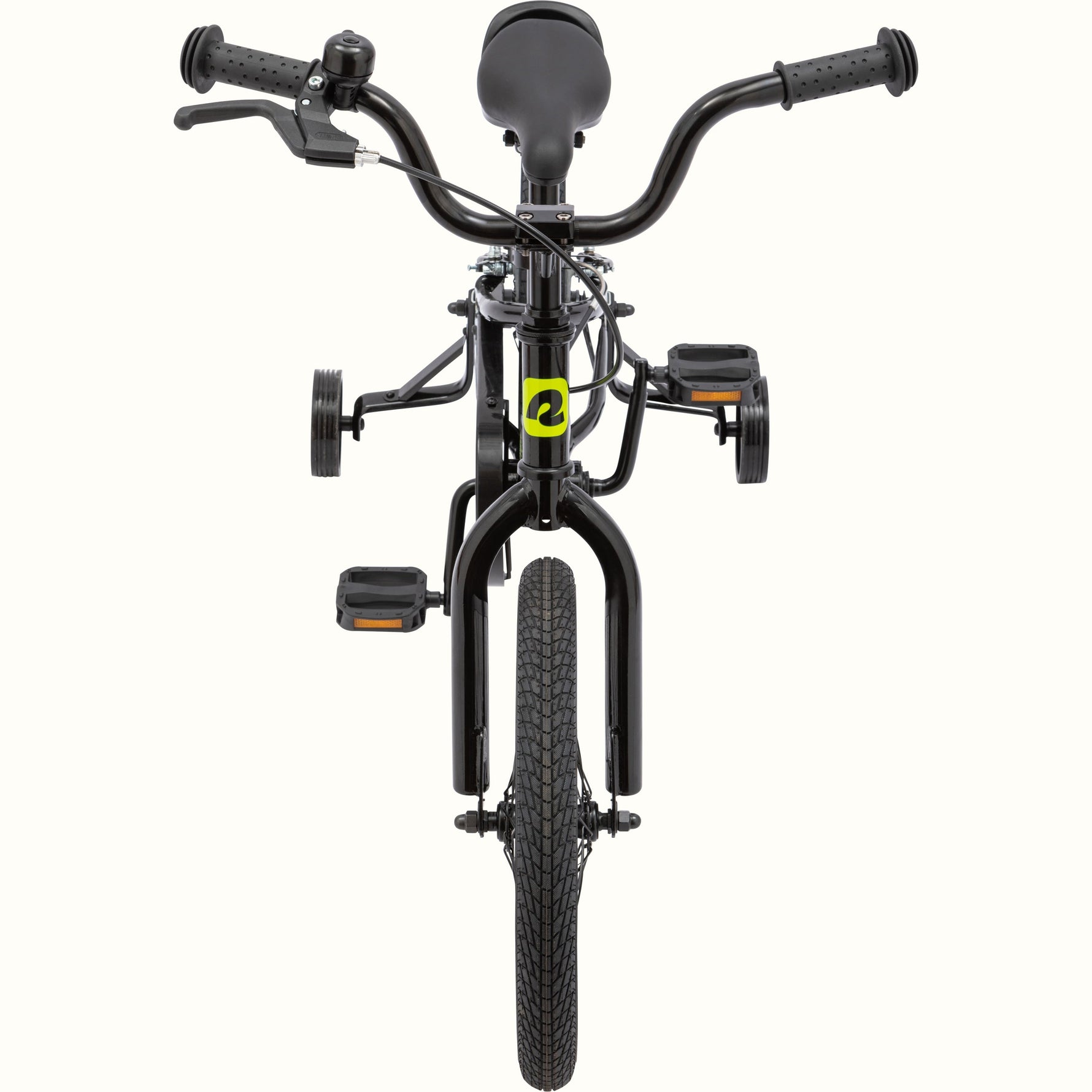 Retrospec Koda 16-inch black kids bike with training wheels, front view