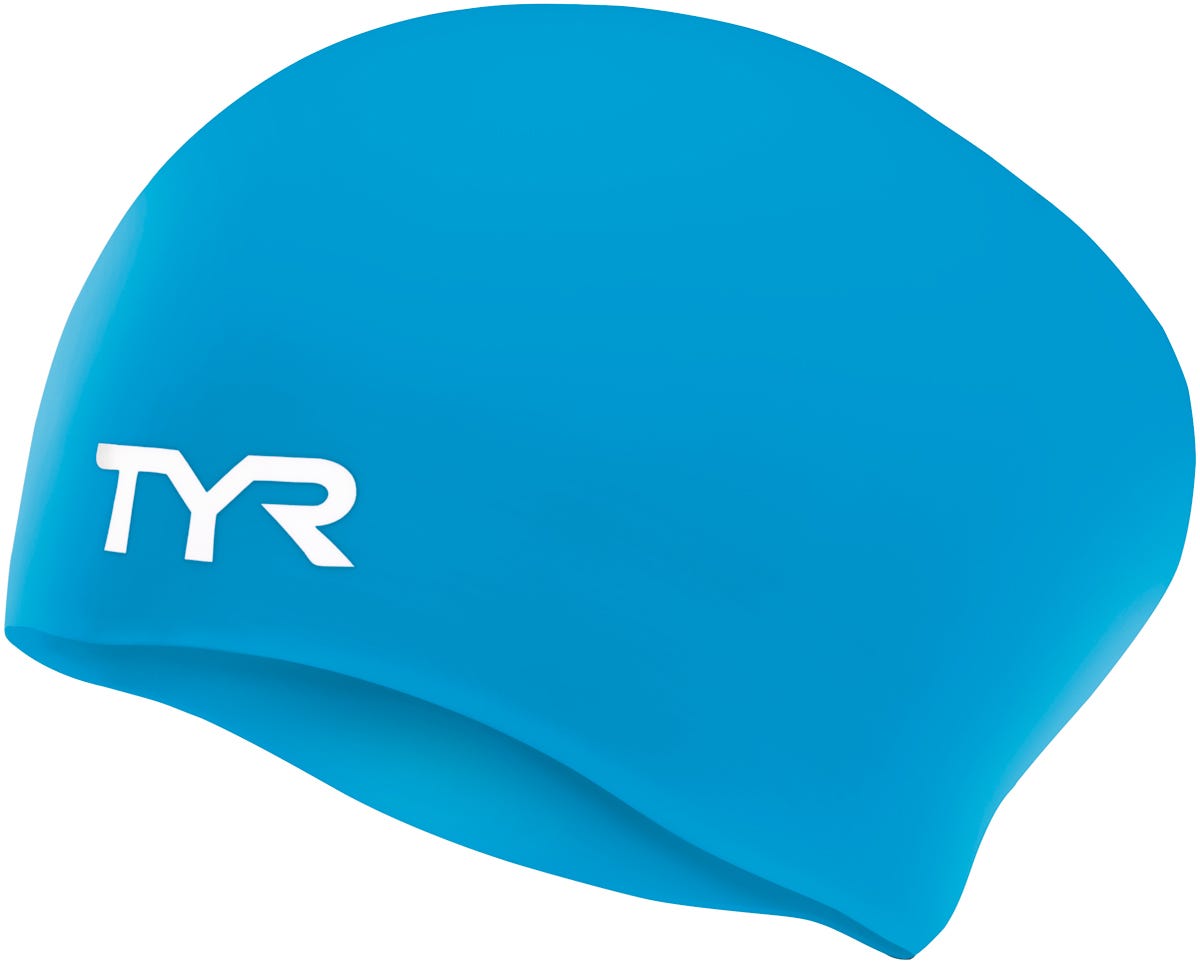 TYR Long Hair Silicone Swim Cap in Turquoise Blue with White Logo