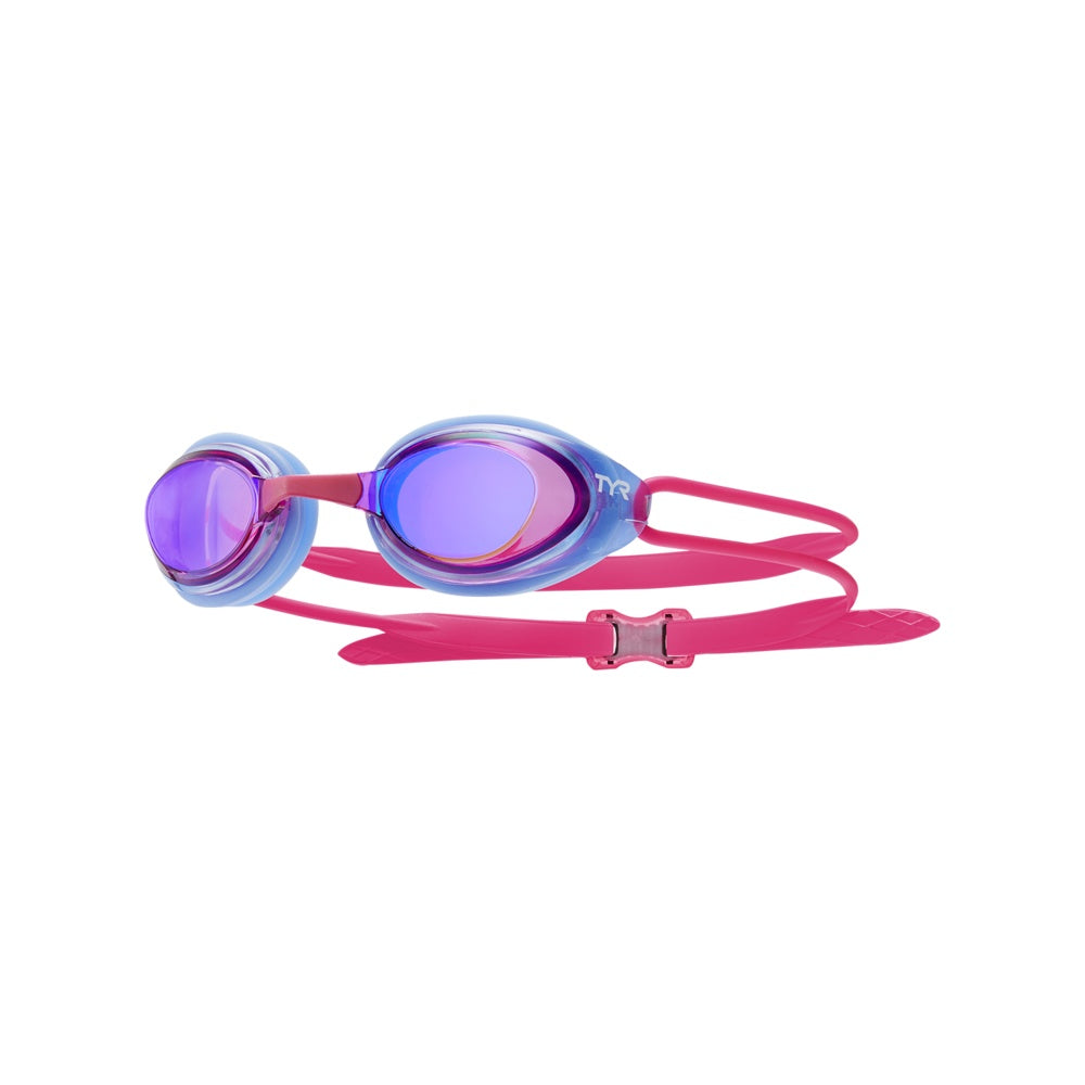 TYR Blackhawk Racing Femme Mirrored swim goggles in blue and pink with mirrored lenses