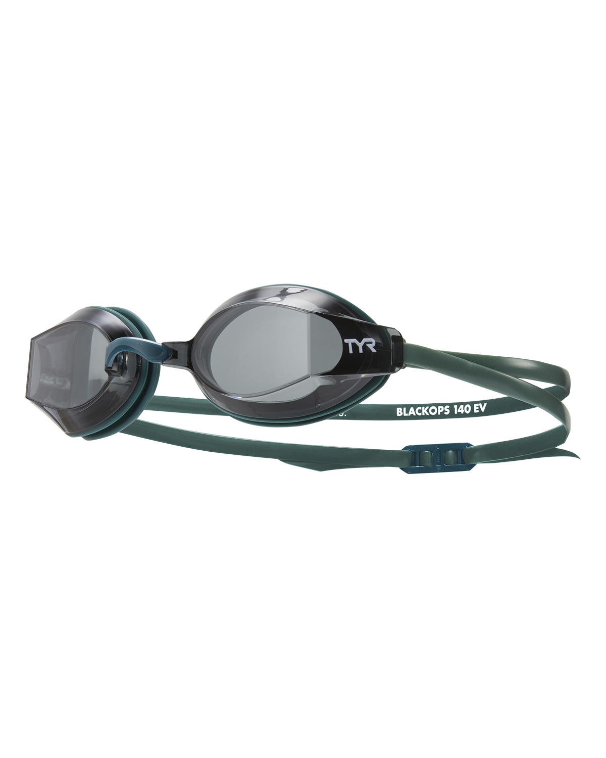 TYR Black Ops 140 EV racing goggles with smoke lenses and green straps