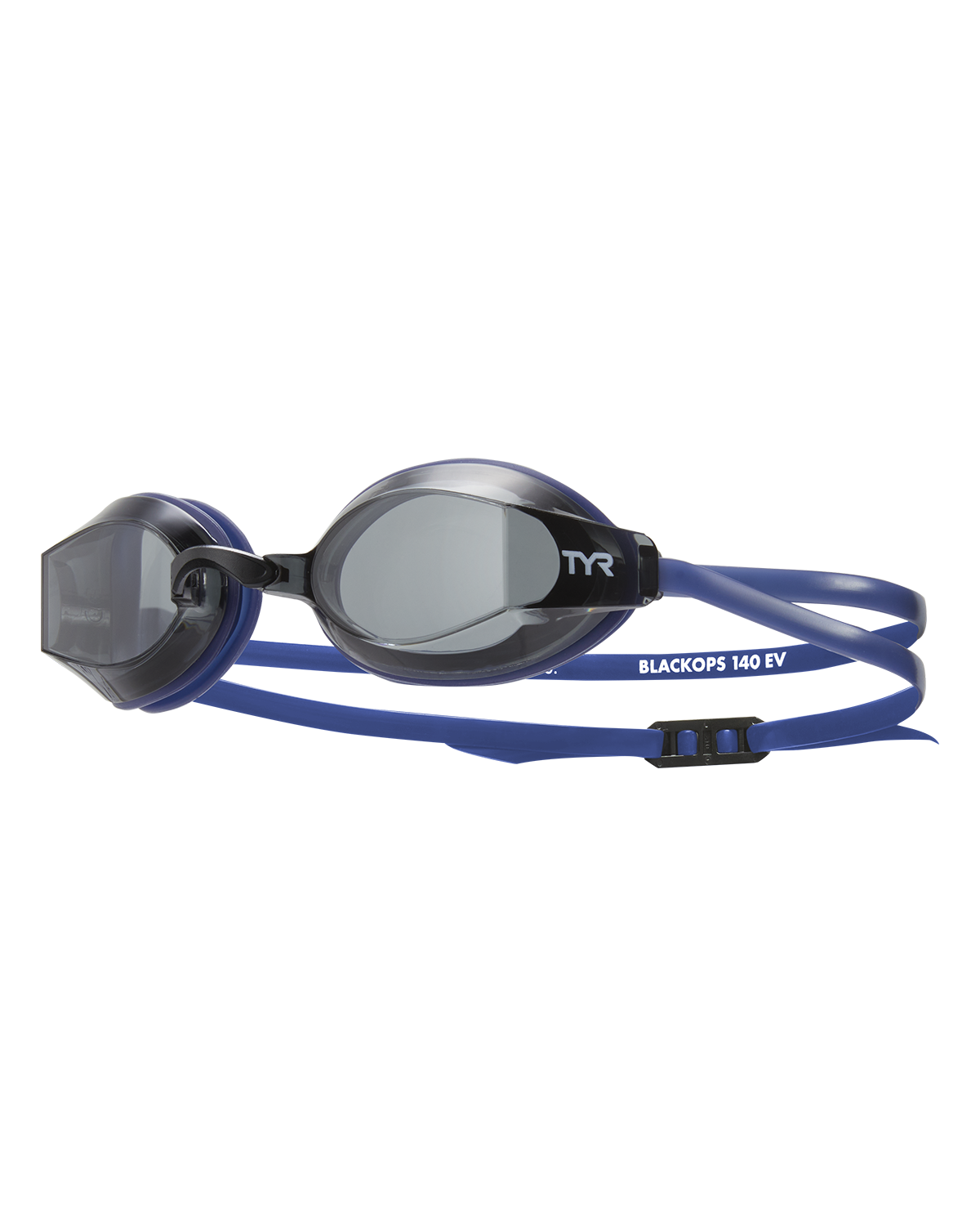TYR BlackOps 140 EV swimming goggles with blue straps and dark lenses