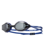 TYR Black Ops 140 EV racing goggles with navy blue straps and smoke lenses
