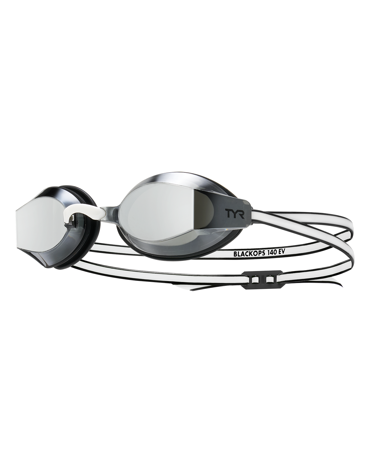 TYR Black Ops 140 EV mirrored racing goggles with silver lenses and black white straps
