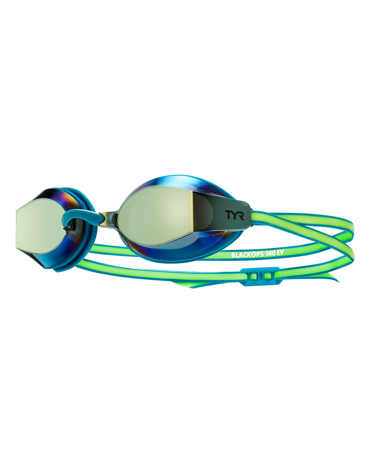 TYR Black Ops 140 EV racing goggles with blue-green gradient frame and mirrored lenses