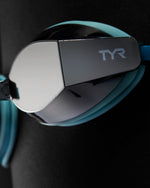 TYR Black Ops 140 EV racing goggles with mirrored lenses and teal frame