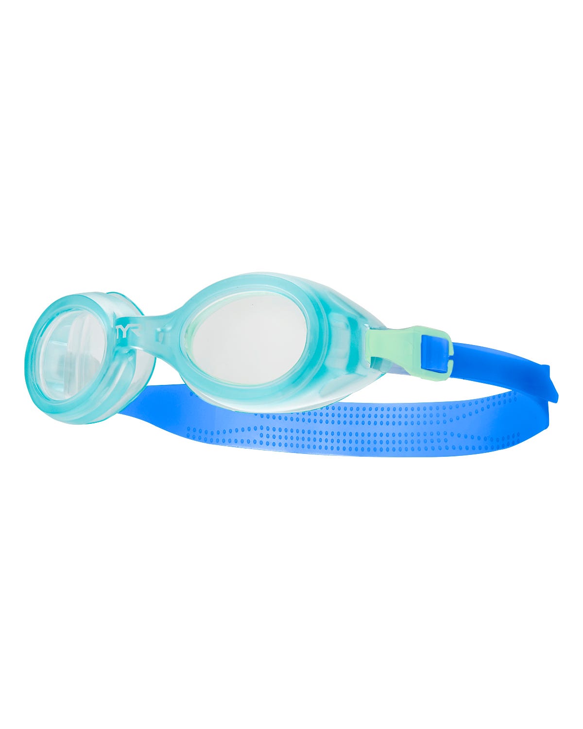TYR Aqua Blaze kids swimming goggles with blue strap and turquoise frame