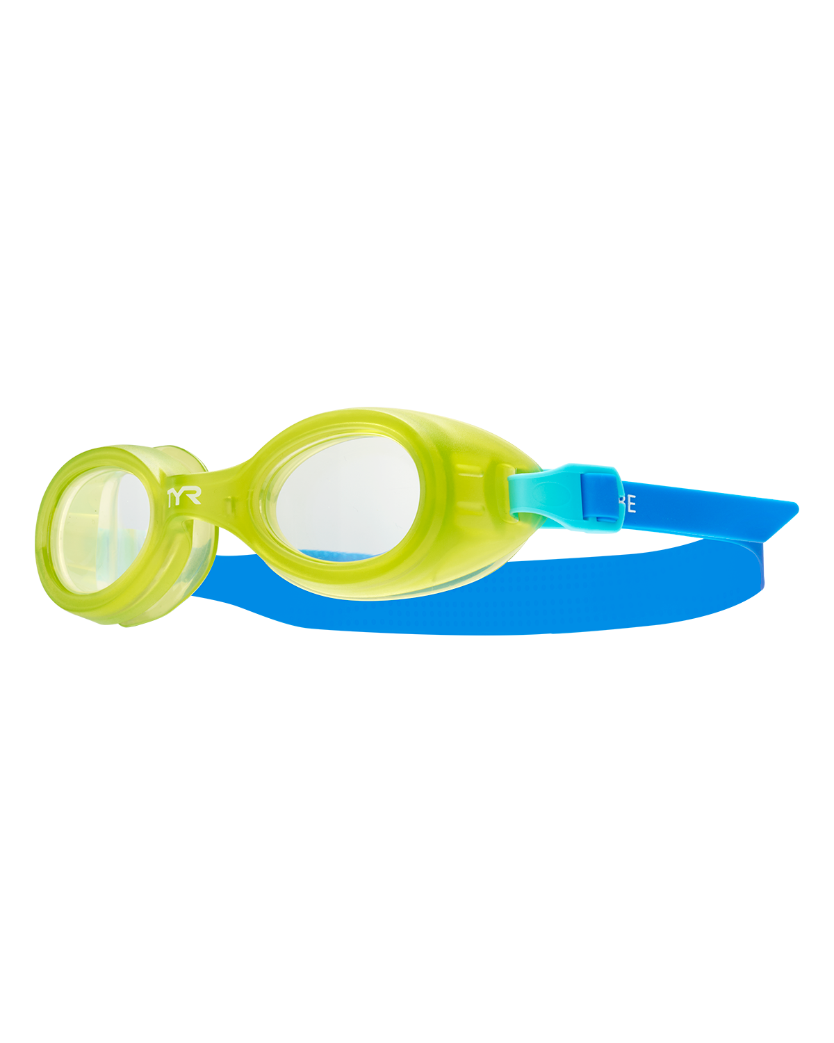 TYR Aqua Blaze kids swimming goggles in yellow-green and blue colorway