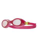 TYR pink swimming goggles with clear lenses and adjustable strap for kids