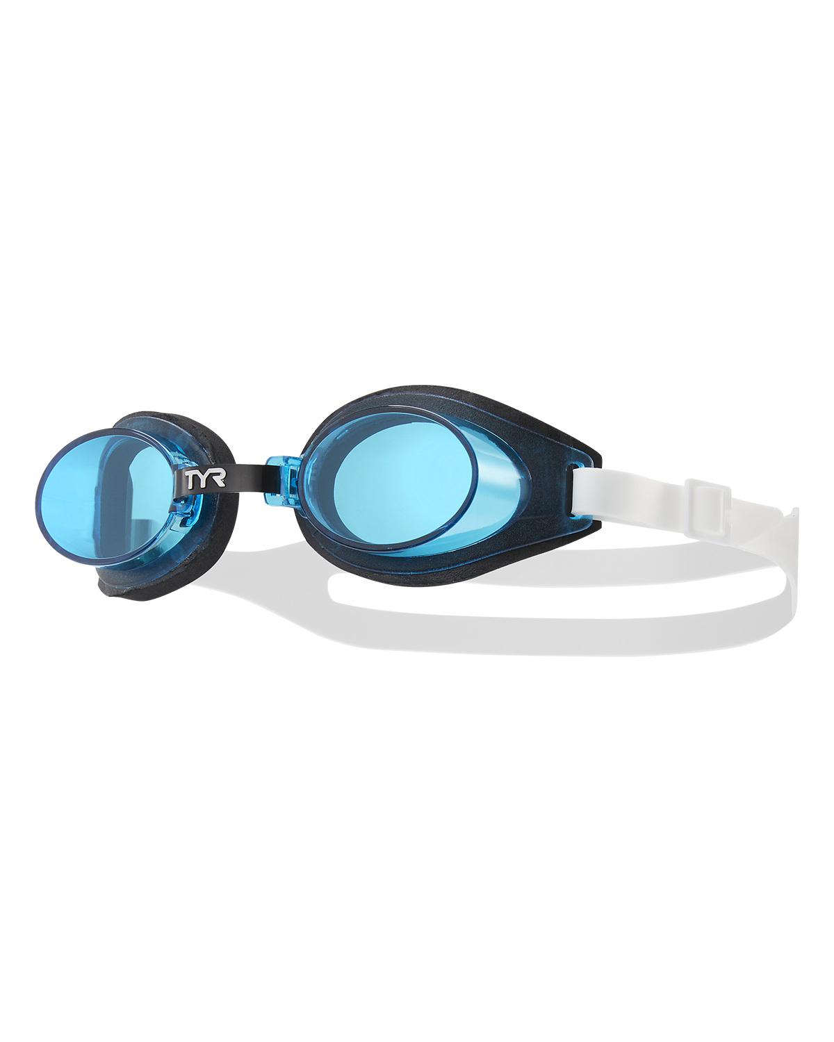 TYR youth swimming goggles with blue lenses and clear silicone strap