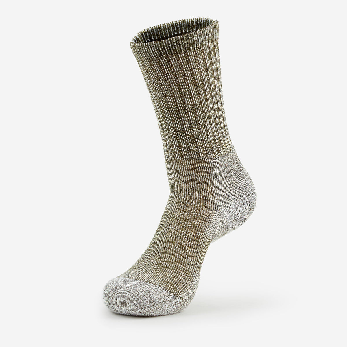 Thorlos hiking crew sock in olive grey marl with cushioned grey heel and toe
