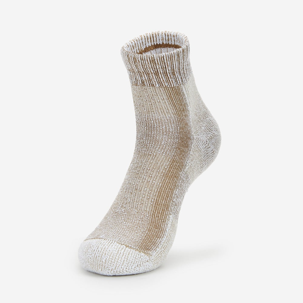 Thorlos light hiking mini crew sock in khaki heather colorway, front view