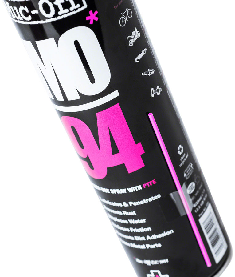 Muc-Off MO-94 multi-use spray can close-up showing PTFE formula and usage icons