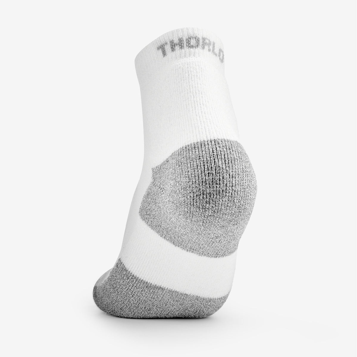 Thorlos women's white ankle walking sock with gray cushioned heel and toe padding