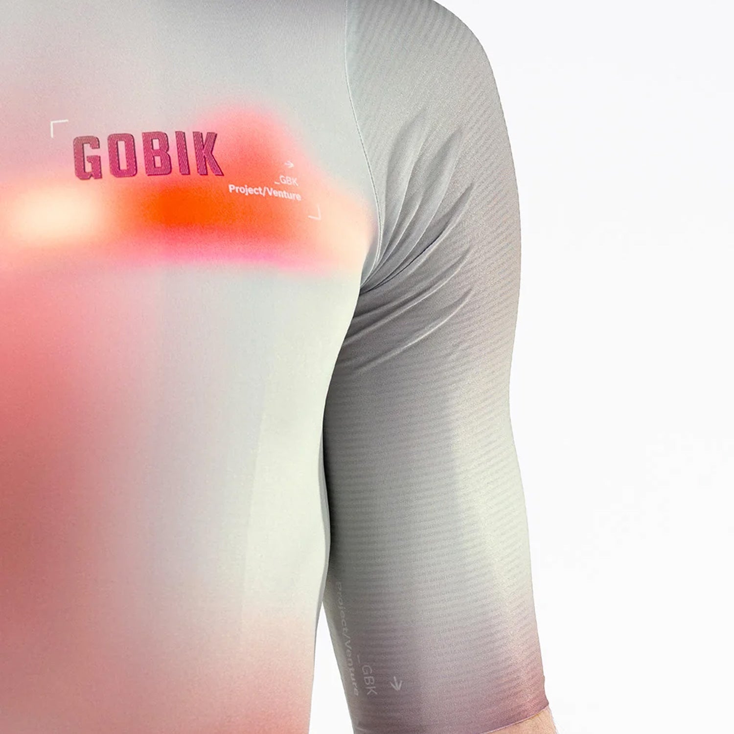 Detail rear shoulder view of Gobik Attitude 2.0 jersey showing heat-map graphic in Flank colorway
