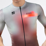 Close-up front view of Gobik Attitude 2.0 jersey in Flank colorway on male model