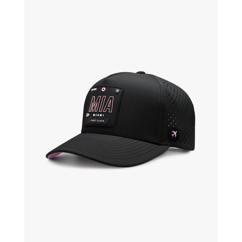 Wrld Tags Miami MIA black snapback hat with pink accents and rubber patch on white background