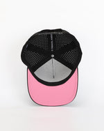 Interior view of Wrld Tags Miami black hat showing pink brim lining and perforated panels