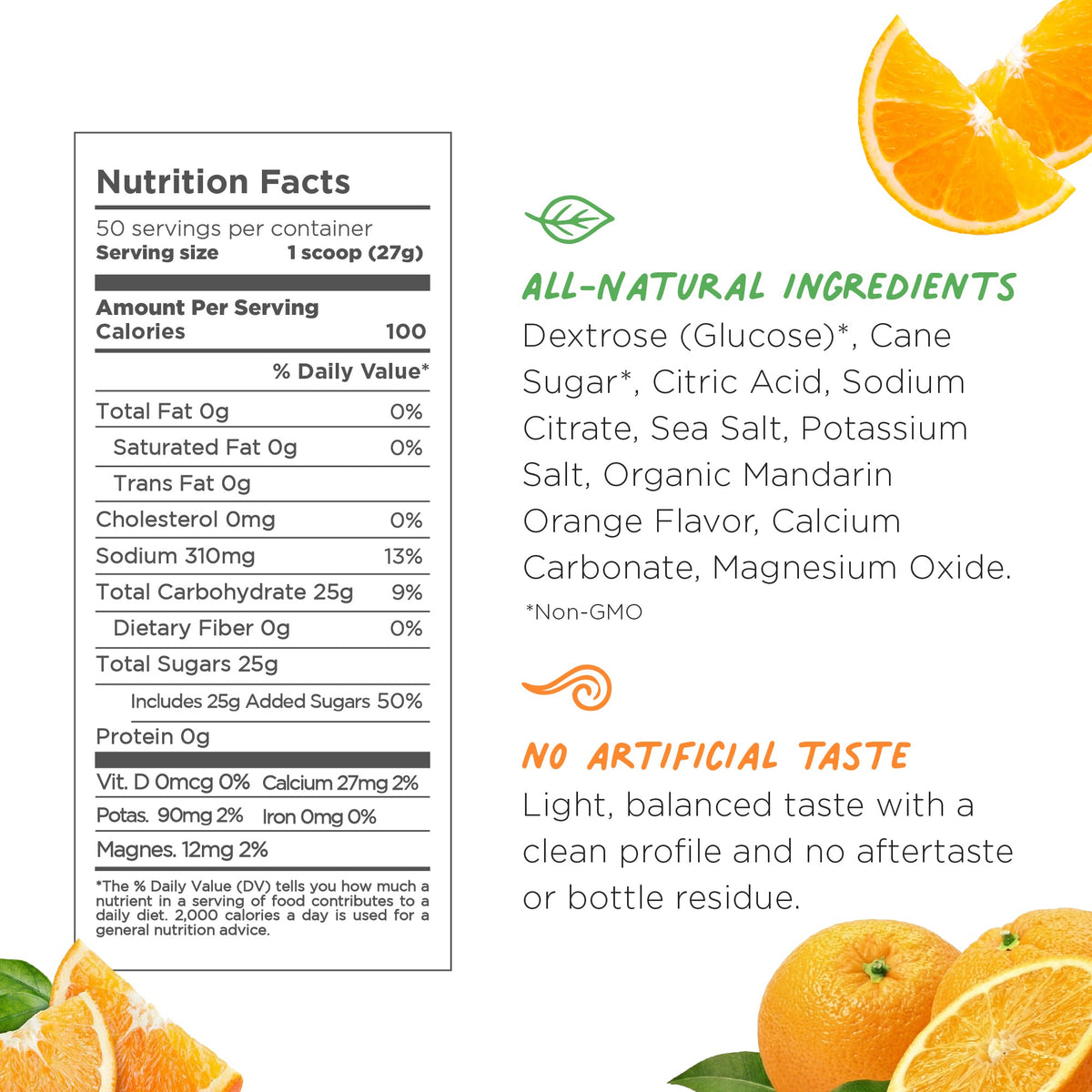 Tailwind Mandarin Endurance Fuel nutrition facts panel showing 50 servings and all-natural ingredients