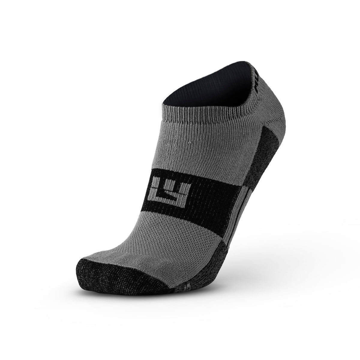 LEGG no show running sock in grey and black with branded logo panel