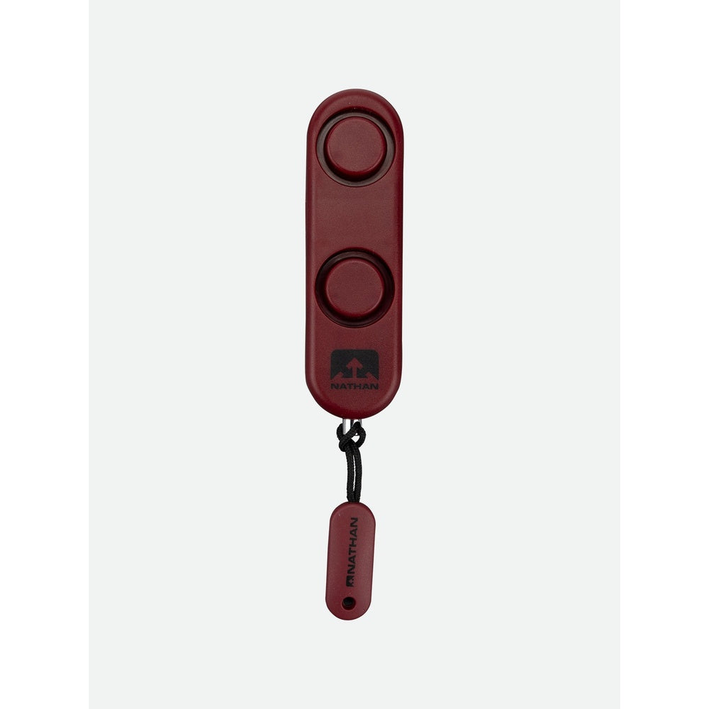 Nathan SaferRun Ripcord Siren Personal Alarm in burgundy red with two activation buttons