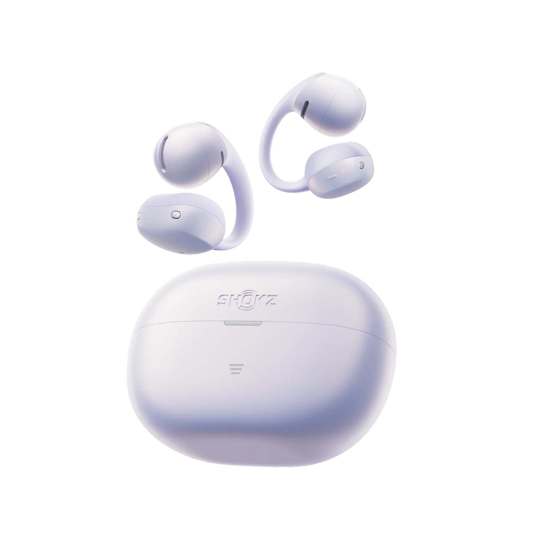 Shokz OpenDots Air open-ear wireless earbuds in lavender purple with charging case