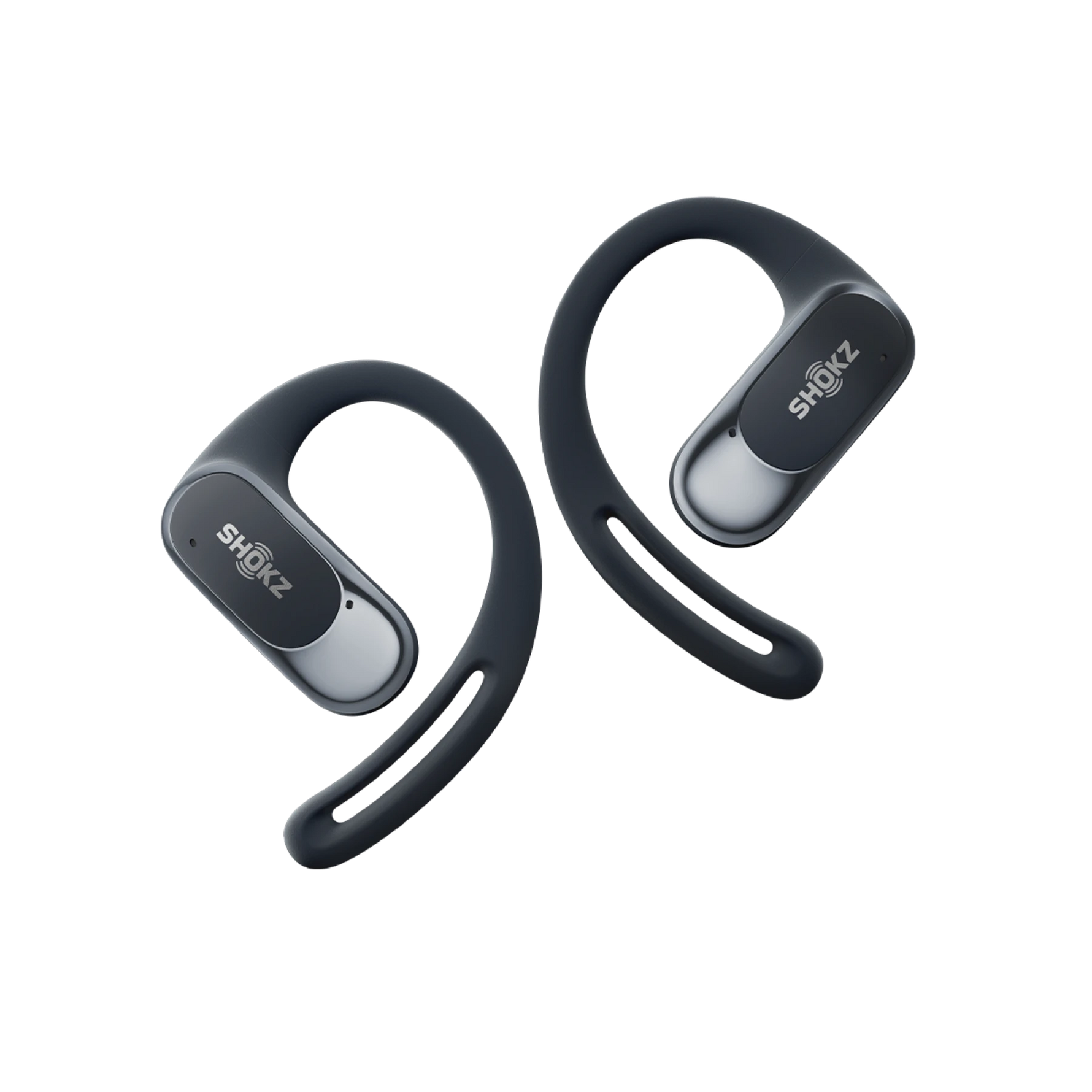 Shokz OpenFit wireless earbuds with ear hooks in black and silver finish