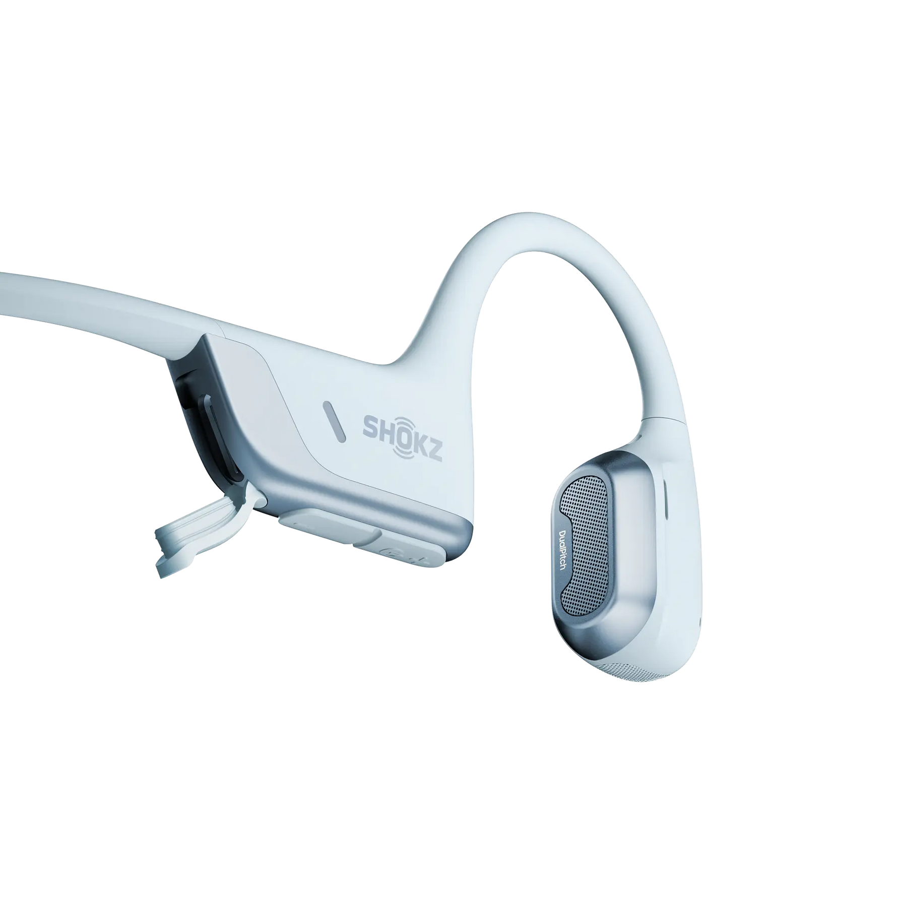 Shokz bone conduction headphones in light gray with open-ear design