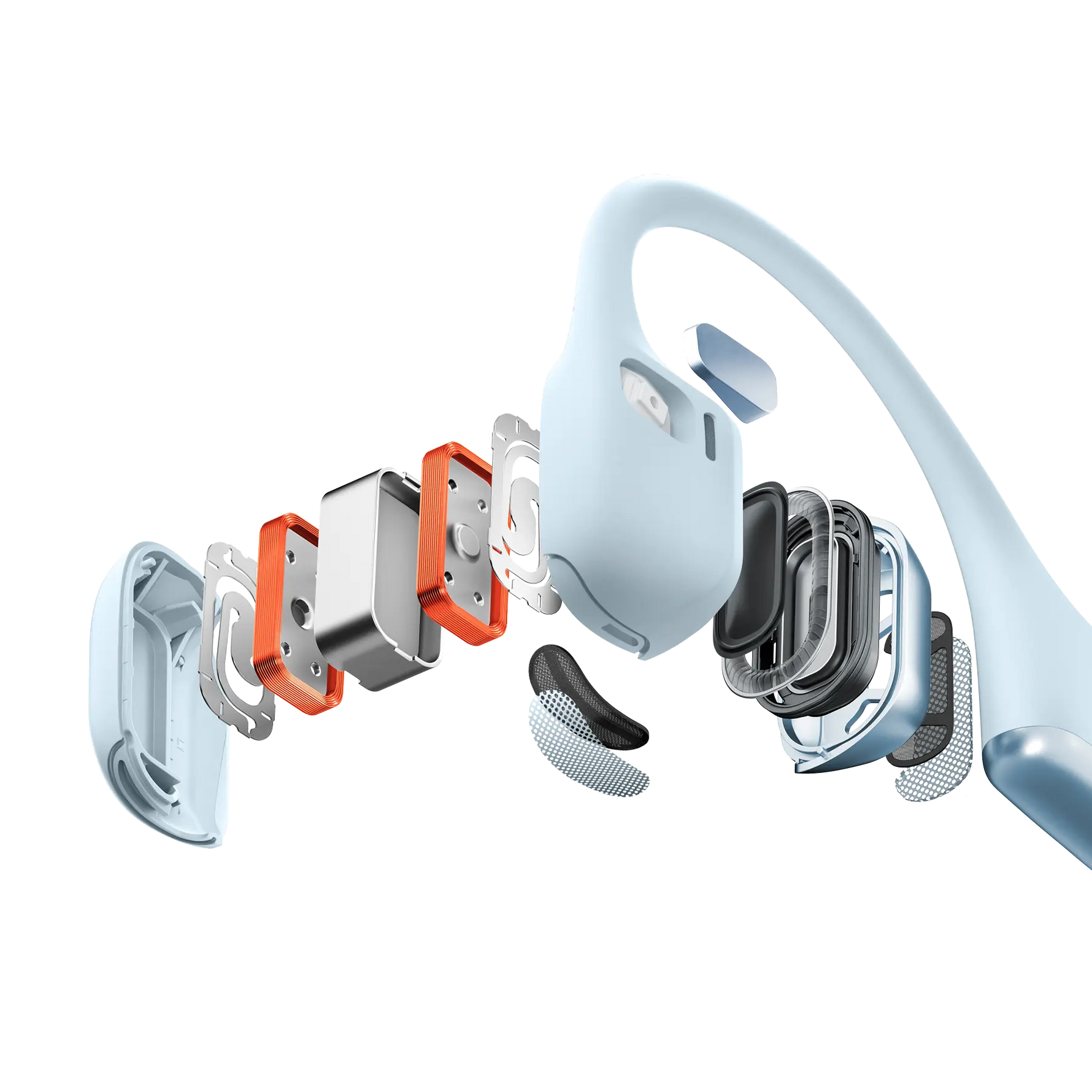 Exploded view of Shokz OpenRun PRO 2 Mini Blue bone conduction headphones showing internal components