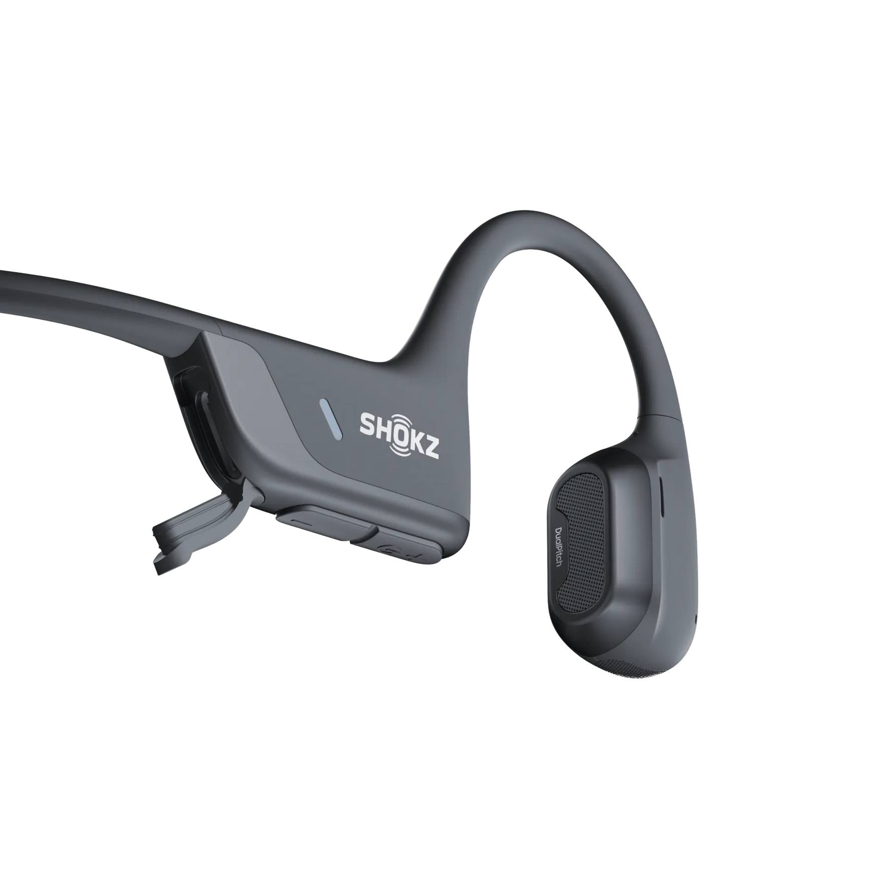 Gray Shokz bone conduction headphones with open-ear design and charging cable