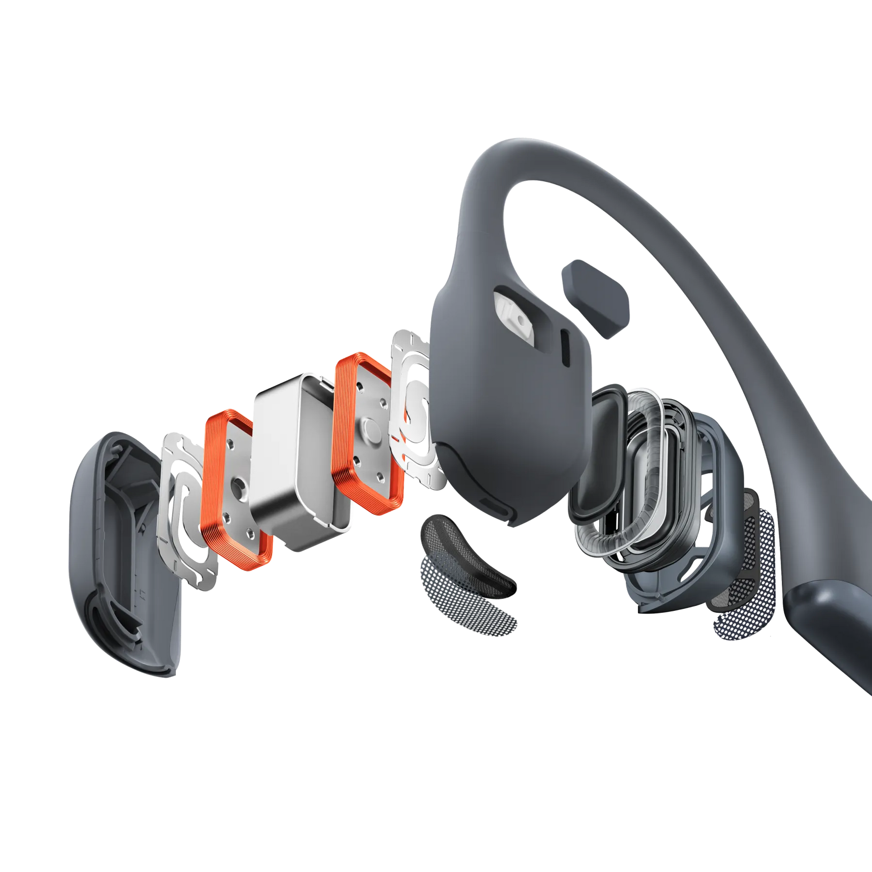 Shokz OpenRun Pro 2 black bone conduction headphones exploded view showing internal components