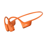 Orange Shokz bone conduction headphones with wraparound design on white background
