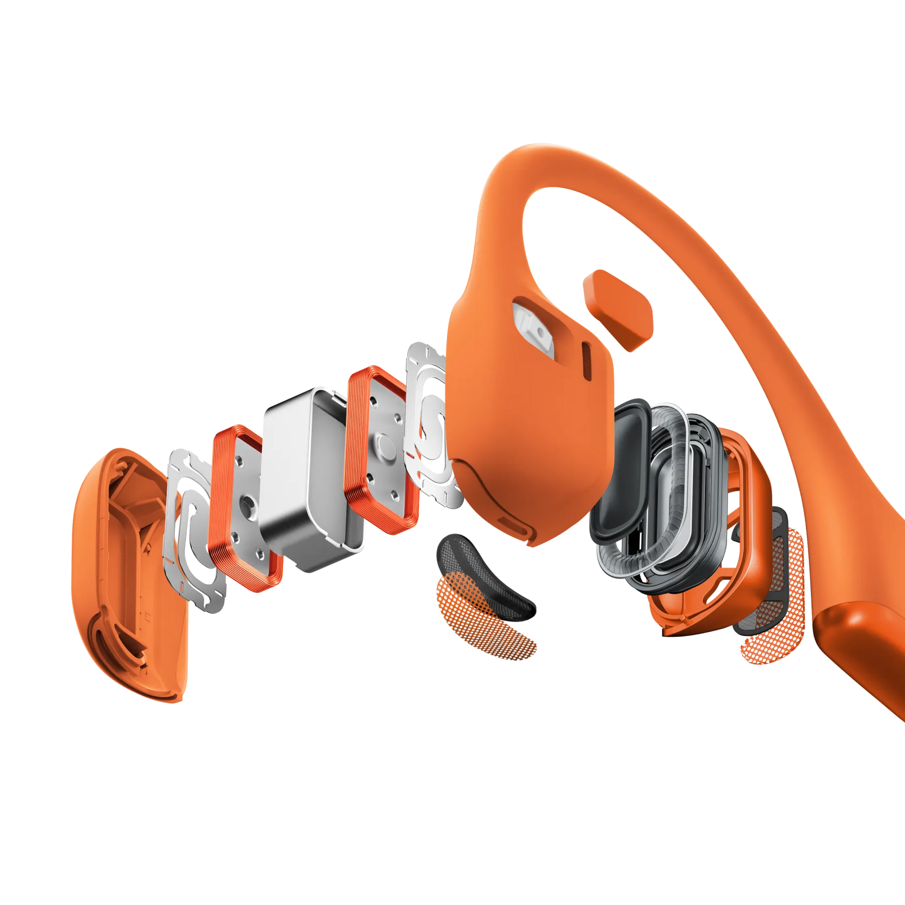 Shokz OpenRun Pro 2 orange bone conduction headphones exploded view showing internal components