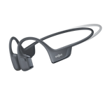 Gray Shokz bone conduction headphones with wraparound design on white background