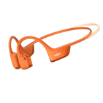 Orange Shokz bone conduction headphones with wraparound design on white background