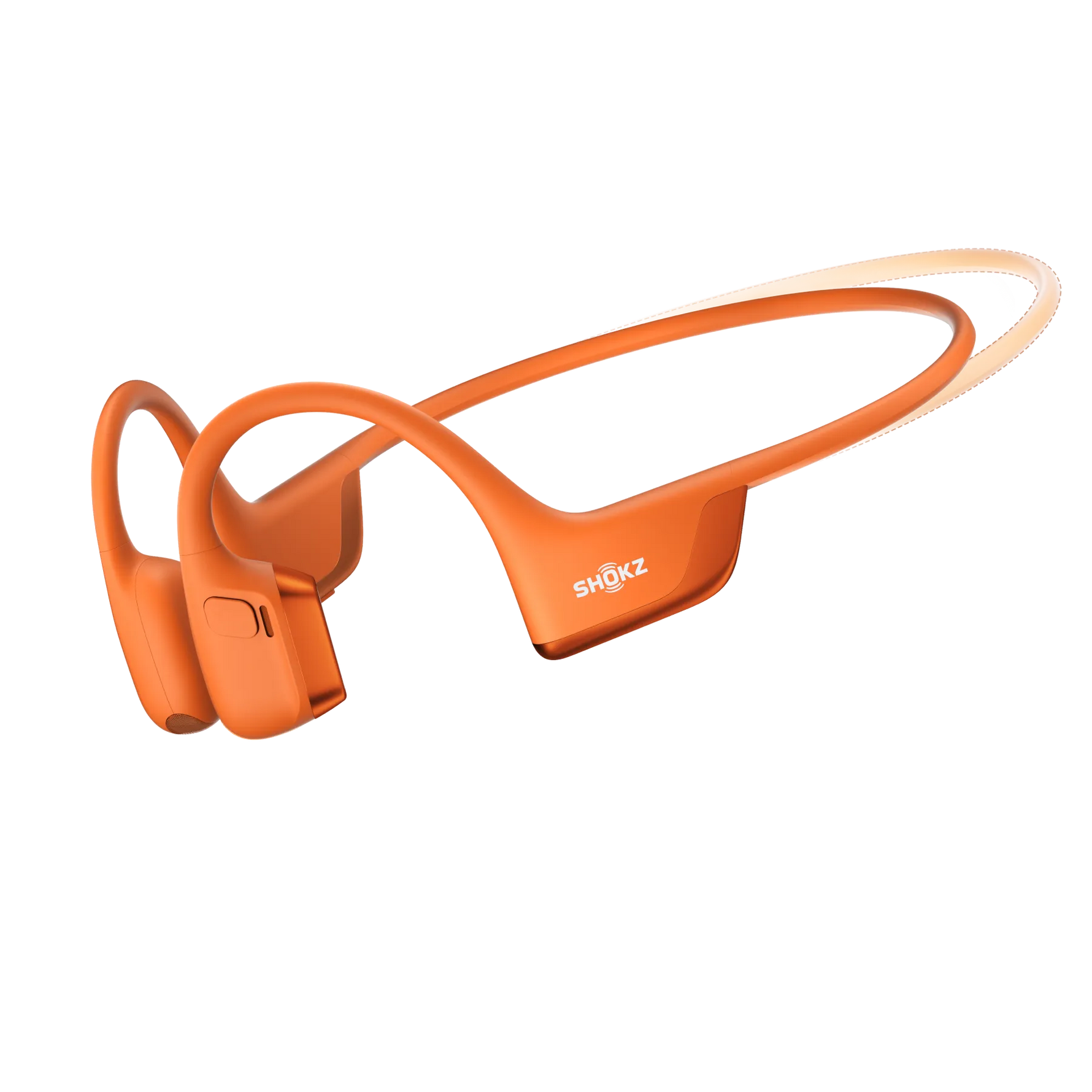 Orange Shokz bone conduction headphones with wraparound design on white background