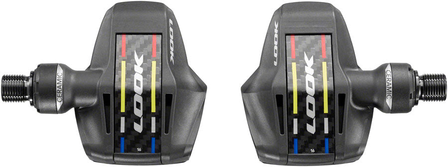 Pair of LOOK KEO Blade Carbon Ceramic Ti clipless pedals with carbon fiber and colored stripe design
