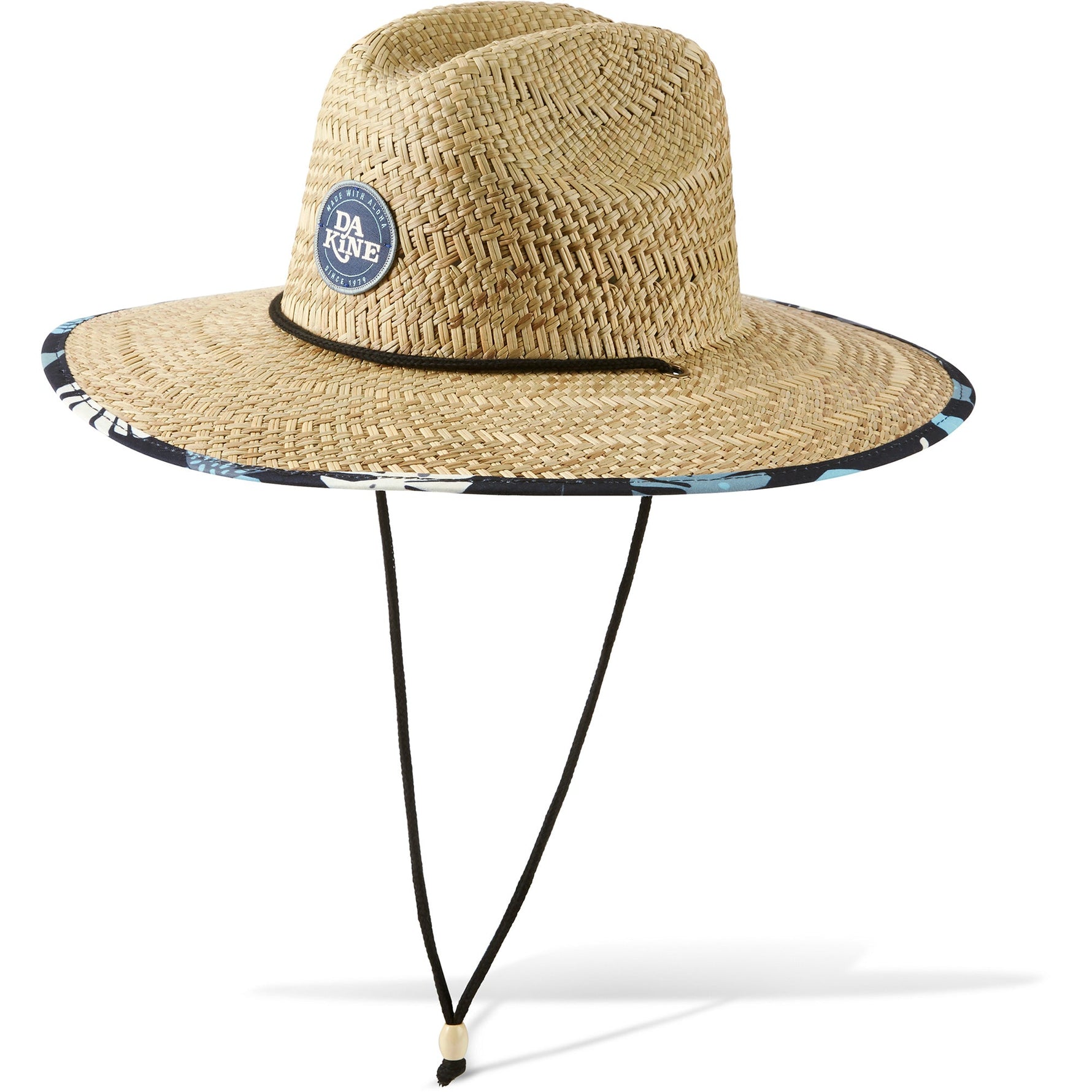 Dakine Pindo straw hat with blue geometric pattern brim and chin strap