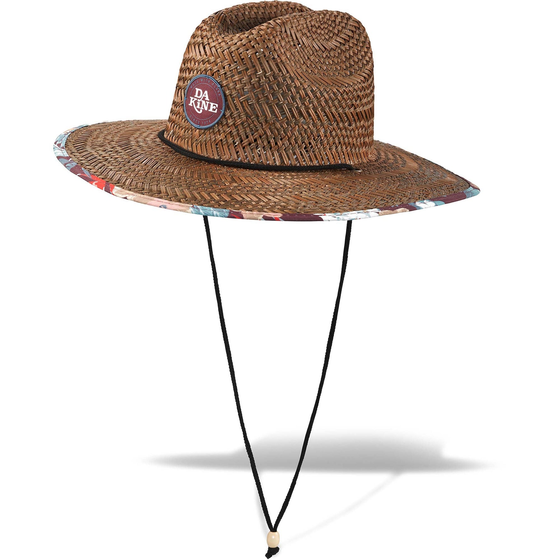 Dakine Pindo straw hat in brown with abstract palm pattern trim and chin strap