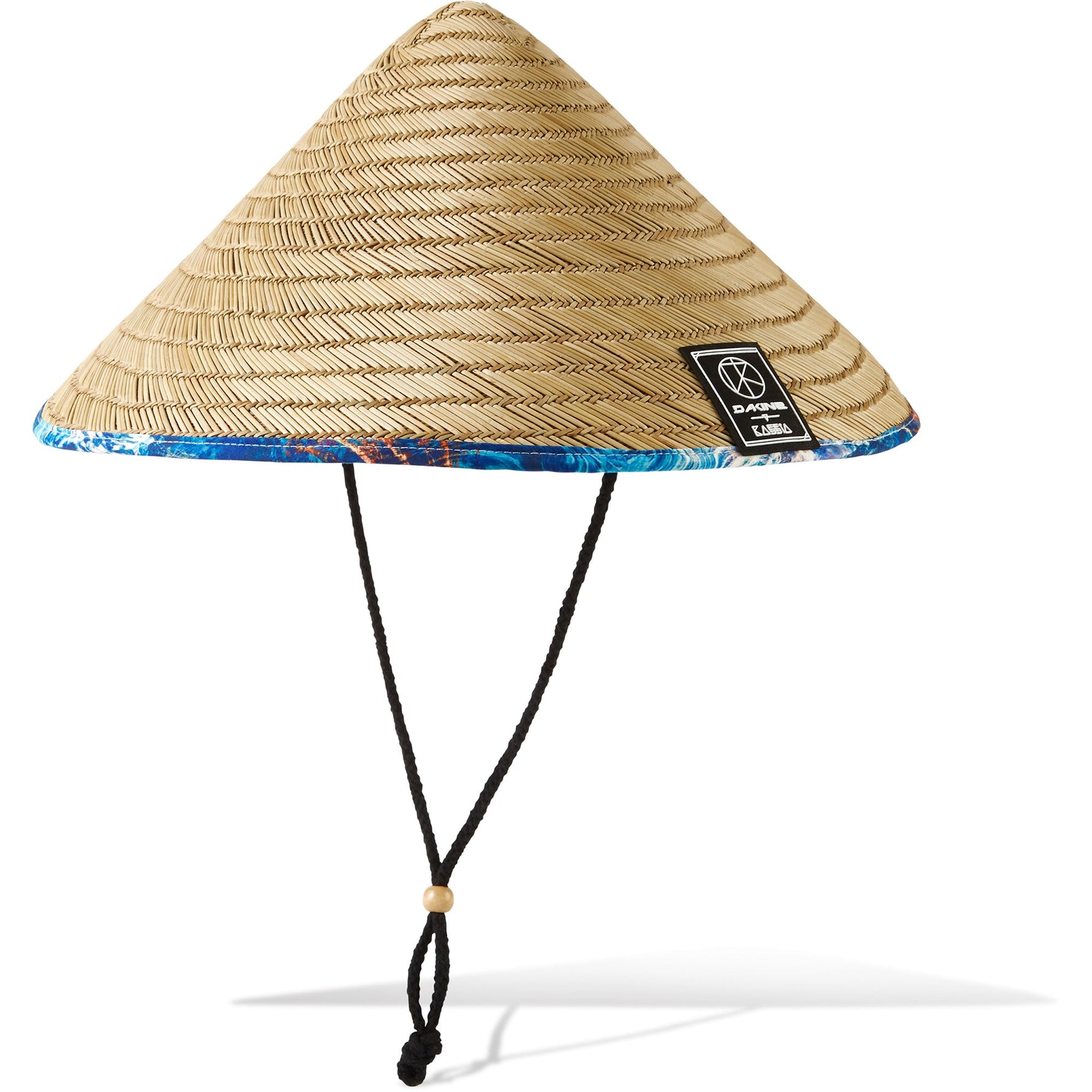 Dakine Pindo straw hat with blue tropical oceanfront pattern trim and chin strap