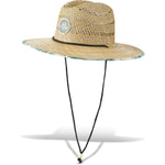 Dakine Pindo straw hat with turquoise trim and chin strap on white background