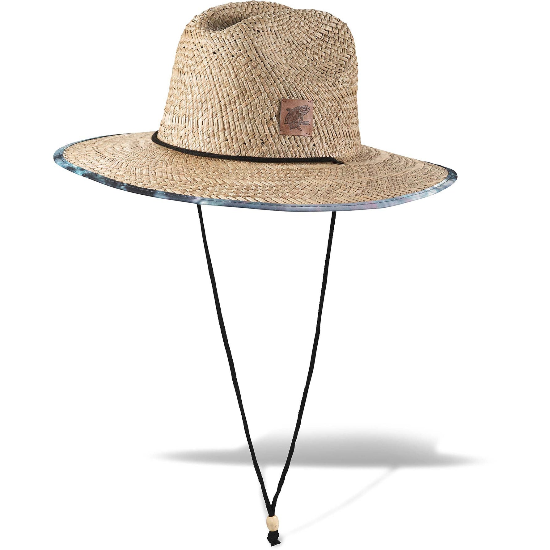 Dakine Pindo straw hat with blue abstract palm pattern brim and chin strap