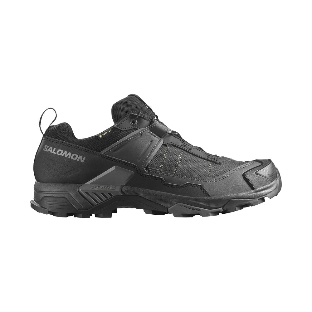 Salomon X Ultra 5 GTX hiking shoe in black and asphalt colorway, lateral view