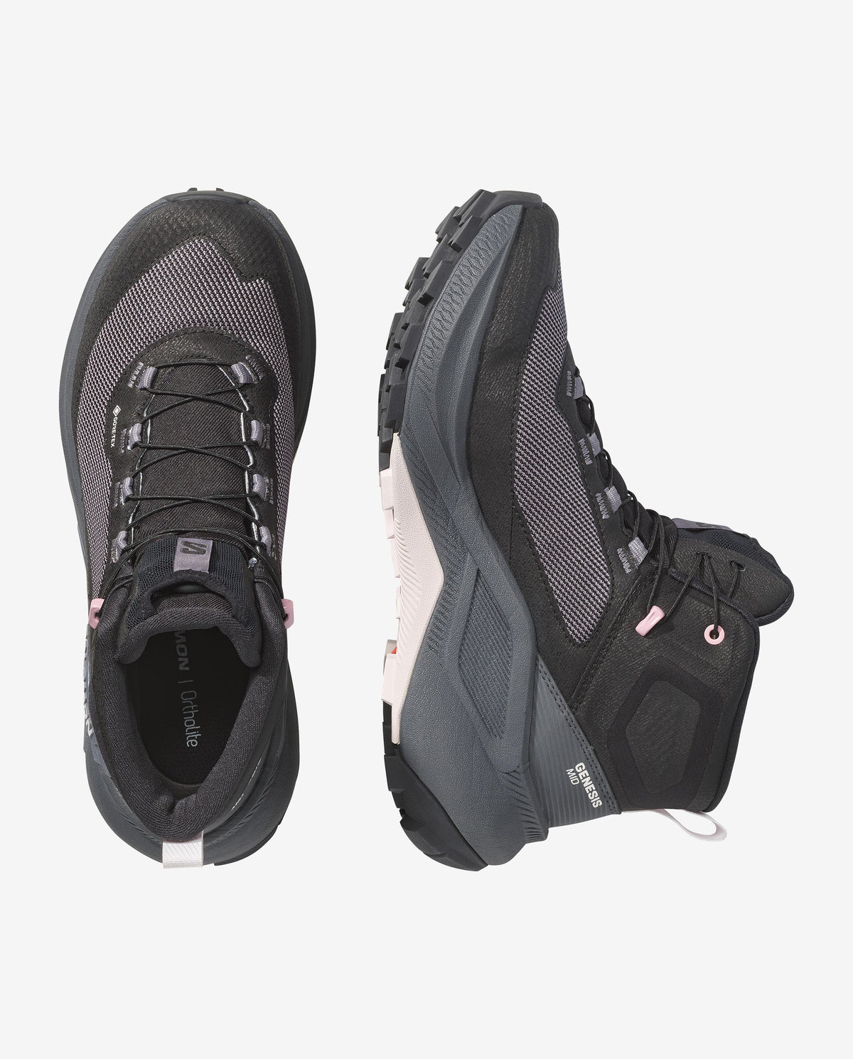 Salomon Genesis MID GTX hiking boots shown from top and side angles on white background
