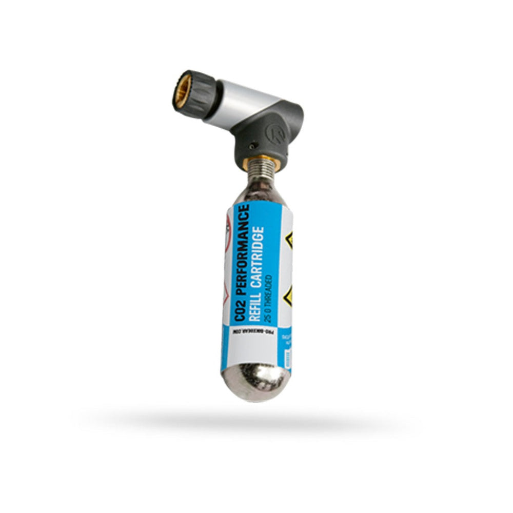 Shimano Pro Micro CO2 Inflator attached to a 25g threaded CO2 performance refill cartridge