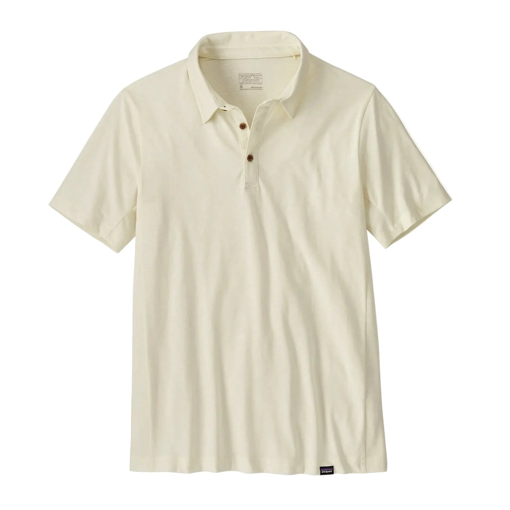 Patagonia men's essential polo shirt in cream color with collar and button placket